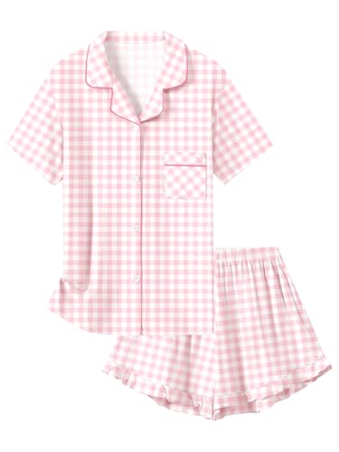 Schbbbta Girls Pajamas Set 2 Piece Button Down Pjs Soft Ruffle Sleepwear Loungewear Nightwear Pink Plaid 11-12 Years