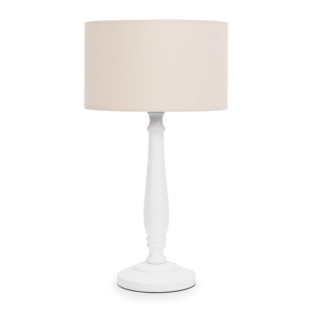Valuelights Victoria Traditional White Wood Candlestick Table Lamp With Natural Drum Shade from B&Q