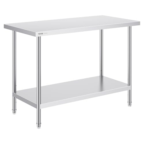 VEVOR Stainless Steel Prep Table, 24 x 48 x 34 Inch, Heavy Duty Metal Worktable with 3 Adjustable Height Levels, Commercial Workstation for Kitchen Garage Restaurant Backyard