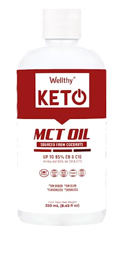 Aceites, Wellthy KETO MCT Oil 250ml, 16 Porciones, Ácido Caprílico 100% Puro y Natural de Coco, KETO y Paleo Safe, Energía y Concentración, 0g de Azúcar, Gluten...