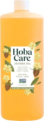 HobaCare Unrefined Jojoba Oil for Skin Care, Hair, Beard Conditioning, Scalp Massage - 100% Pure Carrier Oil for Perfume or Soap Making - Natural, Vegan, Hexane Free, Long Shelf Life (32 oz)