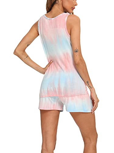 Hefunige Women Sleeveless Scoop Neck Neck Pajamas Short Set Pajamas Petite Plus Size S-4Xl, Pink Bule Tie-Dye, X-Large #TOP1