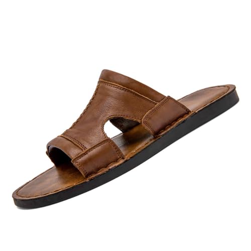 Image of Men's Leather Cutout Slides Sandals Comfortable Lightweight Open Toe Anti-Slip Soft Bottom Slip On Slippers Summer Outdoor Casual Beach Sandals