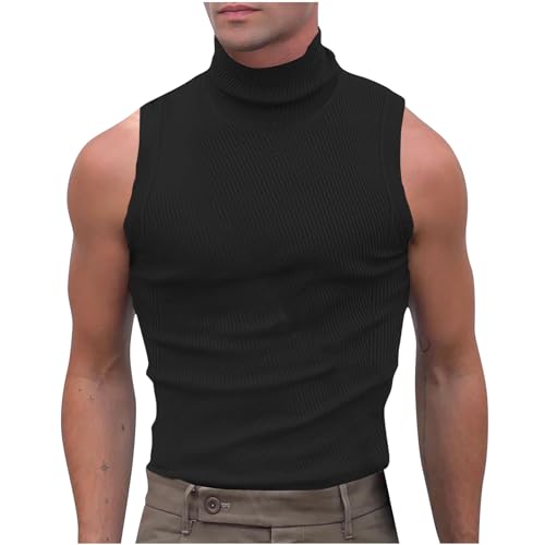 Mens Mock Turtleneck Tank Tops Knit Ribbed Solid Color Casual