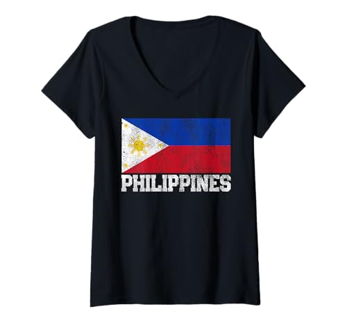Womens Philippines Flag Family Pride Country Men Women Vintage Gift V-Neck T-Shirt