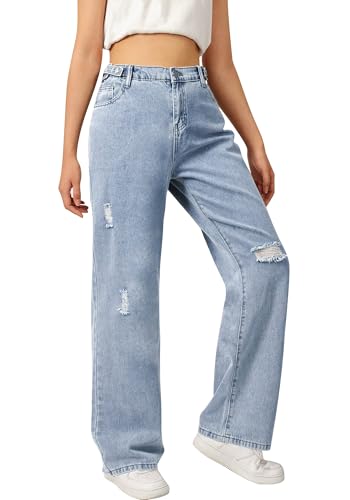 SANGTREE Girls Wide Leg Jeans Elastic Waist Denim Pants Baggy Jeans for Girls,Blue-Ripped，13-14 Years = Tag 1704