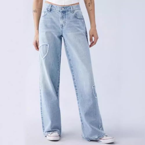 Women's Straight Leg Bow-Tie Frayed Edge Baggy Jeans for Women High Rise Loose Denim Jeans Y2K Low Bow Embroidery4