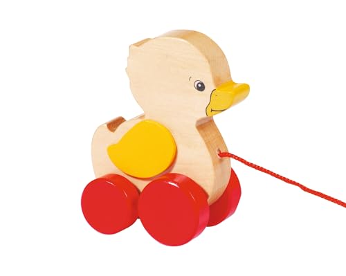 goki 54993 Ziehtier Ente Ellah aus Holz, Nachzieh-Spielzeug mit Tiermotiv, Lernspielzeug inklusive Schnur, Babyspielzeug fördert Koordination und Motorik, 8cm x 5cm x 10cm, ab 1 Jahr