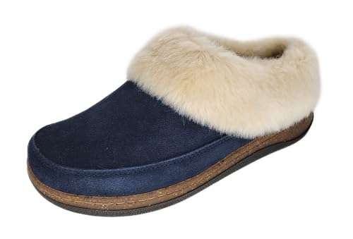 Clarks Womens Slipper Suede Leather Scuff Toe - Plush Faux Fur Collar/Lined With A Cork Midsole - Open Back Indoor Outdoor House Slippers For Women (Navy US 8)