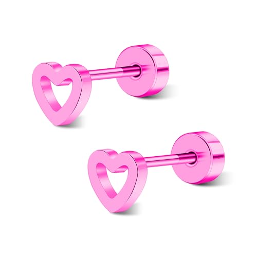 Image of Rocemuti Titanium Heart Stud Earrings for Women, Hypoallergenic Minimalist Heart Earrings, Lightweight Flat Heart Ear Studs,Pink