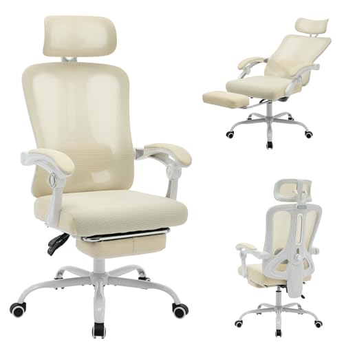 Ergonomic High-Back Office Chair with Footrest and Headrest, Mesh Desk Chair with Adjustable Lumbar Support, Rolling Swivel Computer Chair for Home Office or Gaming Room(Beige)