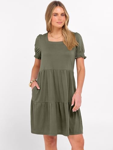 Image of ANRABESS Women Summer Square Neck Puff Short Sleeve Mini Dress 2026 Casual Flowy Sundress Beach Vacation Clothes with Pockets