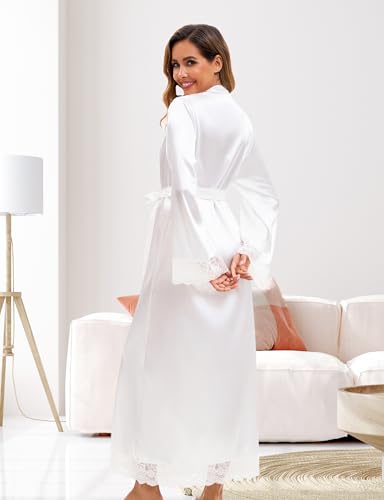 EPLAZA Bride Robe for Wedding Day Set Bridal Robe with Slippers Silky Satin Long Length Kimono for Bridal Party Getting Ready (White, LXL)