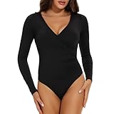 Joyshaper Damen Body Elegant Langarm Bodysuit Wickeln Oberteil Langarmshirt Blusenbody Hemd V-Ausschnitt Overalls Schwarz/Wickeldesign,M