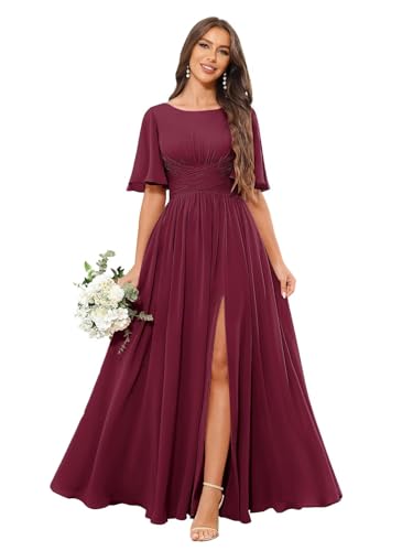Women's Bridesmaid Dresses with Slit Flutter Sleeve Scoop Neck Chiffon Formal Wedding Guest Dress with Pockets