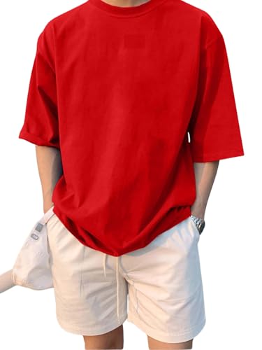 Image of LEOTUDE Half Sleeve Oversized Tshirt for Men, Round Neck Cottonblend Drop Shoulder Solid T-Shirt