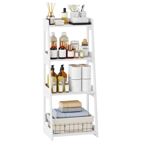 POBOMULI 4-Tier Ladder Shelf, White Bathroom Shelves Freestanding Open Shelving