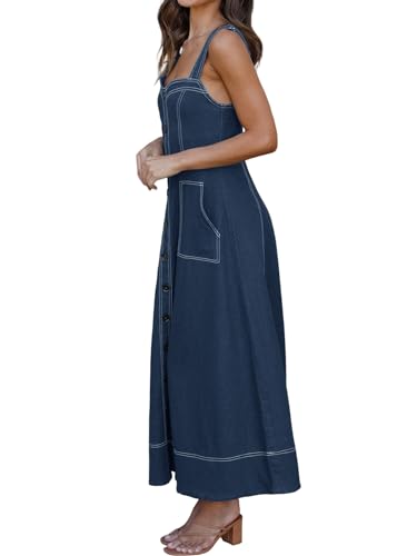 Fisoew Womens Denim Maxi Dress Casual Summer Spaghetti Strap Sleeveless Long Jean Dresses3
