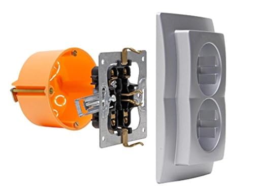 Kopp Paris Schutzkontakt-Steckdose, 2-fach, ohne Berührungsschutz, Komplettgerät für den Einbau in eine 1-fach Schalterdose Ø 60mm, 16A, 250V~, IP20, silber, 941120089