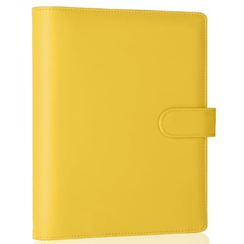 Antner A5 Binder 6 Ring Refillable Notebook Planner Cover, PU Leather Aesthetic Small Binder Loose Leaf Photocard Holder Budget Planner for Cash Organizer with Magnetic Buckle, Lemon Yellow