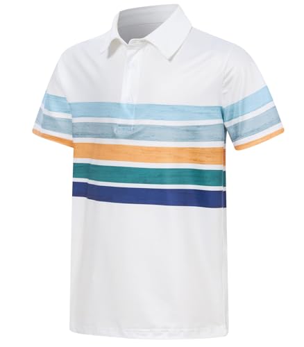 Cuddomper Boys Performance Polo Size 9-10 Coastal-Inspired Striped Short Sleeve Golf Shirt School Uniform for Active Casual White Blue