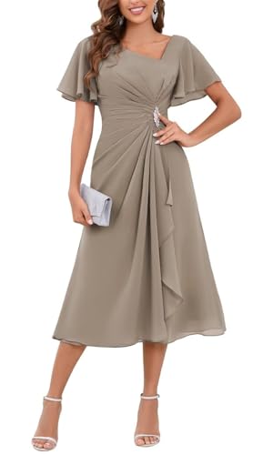 YIANN Robes élégantes de mère de la mariée à longueur thé avec manches pour mariage, en mousseline de soie, coupe A, robe de soirée formelle, taupe, 52...