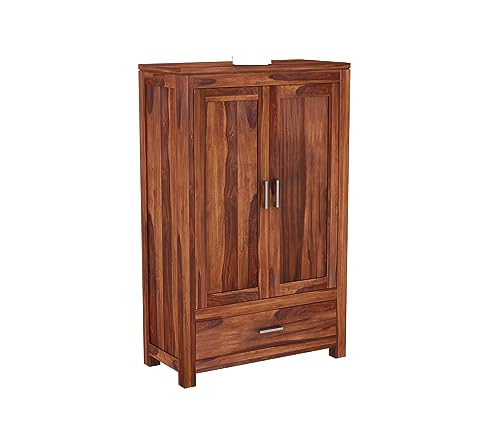 Image of Sheesham Wood Wooden 2 Door Wardrobe Organizer for Clothes | - Solid Wood Almirah with 1 Drawers, 3 Shelves - Cupboard for Large Bedroom (Design 10)