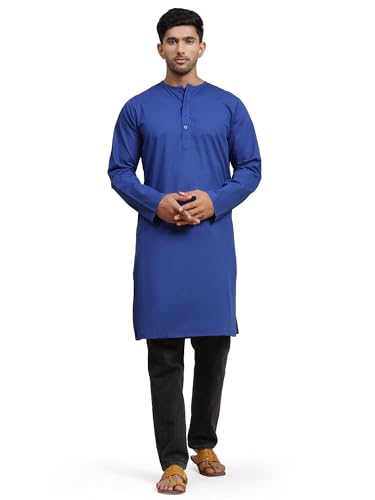 Image of Amazon Brand - Anarva Men's Cotton Solid Round Neck Kurta Long Sleeves Straight Knee Length Casual Shirt