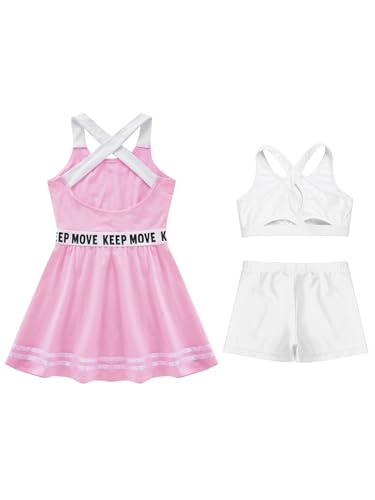 3pcs Kids Sports Outfits Girl Tenins Athletic Dress With Racerback Sport Bras And Shorts For Workout Exercise Pink 8 Years4