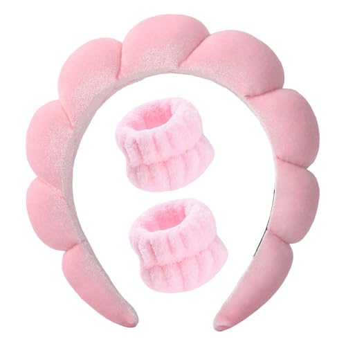 Image of TEMPERIA Makeup Headband Wristband Set for Women & Girls | Hair Band for Facial Time | Head Bands Skincare Hairband for Spa | 3 Pieces Set | Pink