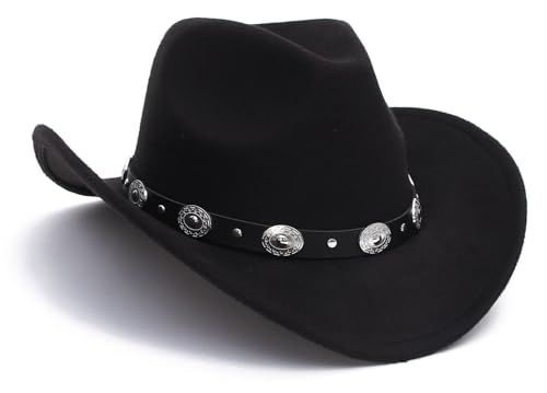 Sombrero de vaquero negro para hombre y mujer, estilo occidental, sombrero Fedora Panamá de fieltro de ala ancha con hebilla de cinturón extraíble, Negro , 58