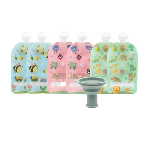 Image of WeeSprout Double Zipper Reusable Food Pouches, Perfect for Babies & Toddlers, Freezer & Dishwasher Safe (Educational, 5 Fl Oz (Pack of 6) + Pouch Filler)