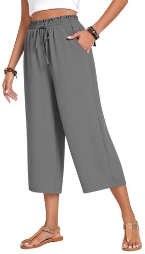 Image of Anyhold Women's Capri Pants Drawstring Casual Palazzo Trousers with Pockets Loose High Waisted Wide Leg Lounge Pants
