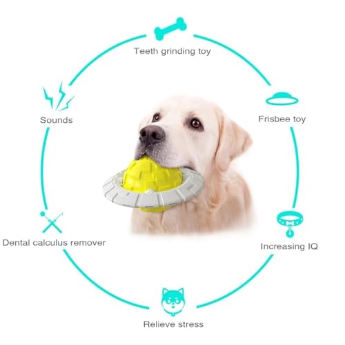 Image of DISSKNIC KIMEE Dog Ball Toys - Durable Natural Rubber Ball for Aggressive Chewers | Safe, Non-Toxic Chew Toy | Squeaky Flying Disc UFO Dog Toy (Yellow, Pack of 1)