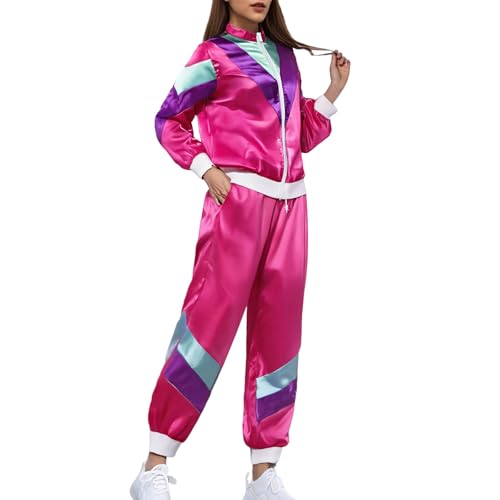 Genérico Fato de fato de treino, casaco e calças, roupa dos anos 80, fato de treino para carnaval e festas, Rosa, M