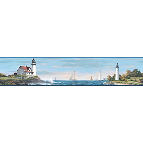 York Wallcoverings Nautical Living Sailing Lighthouse Border Bright BlueWhite