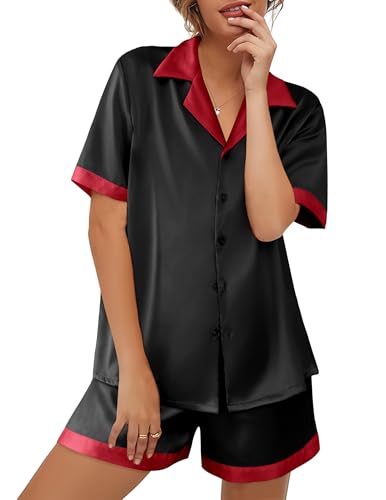 Image of Ekouaer Womens Silk Satin Pajama Set Short Sleeve PJs 2 Piece Button Down Top and Shorts Notch Collar Sleepwear Sets Soft Pjs