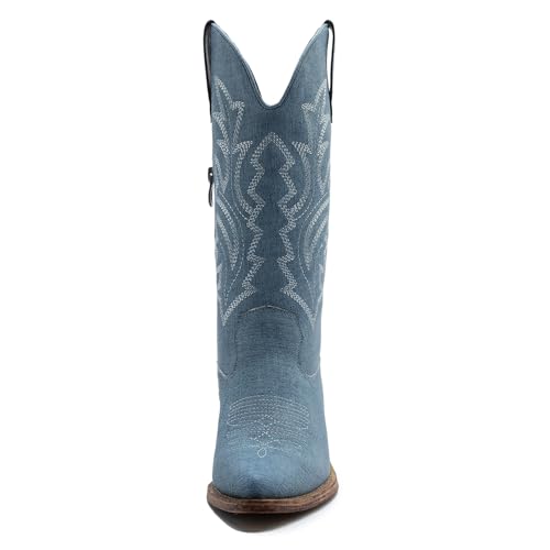 Image of GLOBALWIN Women's Mid Calf Western Cowboy Boots Cowgirl Boots for Women with Floral Embroidery Side Zipper Chunky Heel
