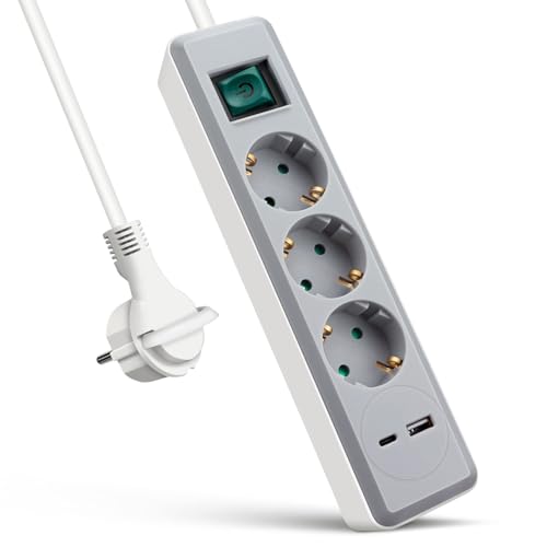 EXTRASTAR Regleta Enchufe con 3 Tomas y 2 Puertos de USB（USB A+USB C）, MAX.PD20W， Alargador Enchufe con Interruptor, 1.5 m, para El Hogar, La Oficina y Los Viajes，Blanco+Gris
