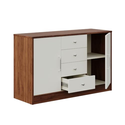 Image of Wakefit Engineered Wood Sideboard | 1 Year Warranty | Storage Cabinet for Home Kitchen Living Room | 2 Closed Compartments & 4 Drawers | Uruk - Columbia Walnut and Frosty White