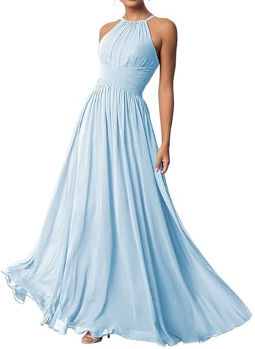 Damen Neckholder Brautjungfernkleider Lang Chiffon Kleider Abendkleider, babyblau, 32