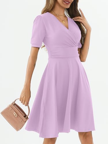 Image of Women's Summer Casual Dress Short Sleeve Wrap V-Neck A-Line Dress Sundress Wedding Guest Cocktail Midi Dresses