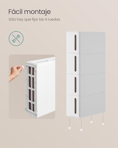 SONGMICS Carrito Estrecho con Ruedas, Estantería con 4 Cajones, 17,3 cm de Ancho, Estante para Baño, Móvil, para Cocina, Plástico PP, Ahorra Espacio, 45,2 x 17,3 x 84 cm, Blanco y Marrón KFR08WT