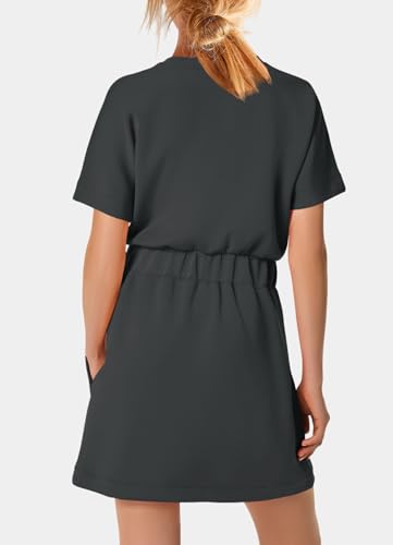 Image of SENSERISE Womens Short Sleeve T Shirt Dresses Crew Neck Solid Color Basic Smocked Waist Dress with Pockets