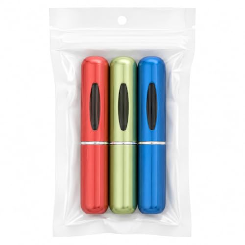 Kit 3 Porta Perfume Recarregável 5ml | Frasco Atomizador Portátil para Viagens, Bolsa e Necessaire | Reabastecimento Fácil e Sem Vazamentos – Cores Sortidas Premium