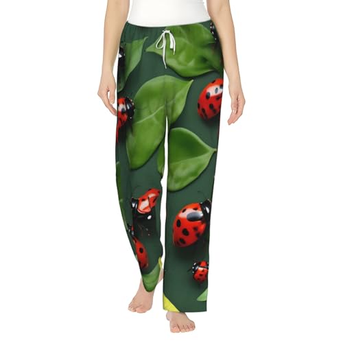Pantalon de pyjama en flanelle unisexe à motif feuilles et coccinelle