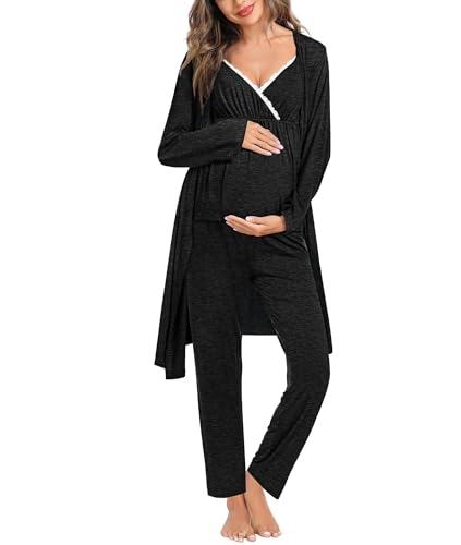 Image of SWOMOG Maternity Nursing Robe Set 3 Piece Breastfeeding Pajamas 3 in 1 Labor Delivery Sleevless Tops&Long Pants Pregnancy Pjs