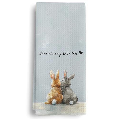 Qeheb Bunny Rabbits Kitchen Towels, Valentines Some Bunny Love You Decorative Kitchen Towel, Bunny Gifts for Women Bunny Lovers, Easter Blue Rabbit Engagement Dish Tea Towel for Kitchen 16X24In