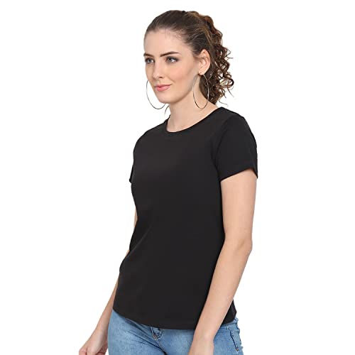 Image of UnaOne Women Black Cotton Plus Size Slim Fit Round Neck Summer Regular and Plus Size Smart Tshirts