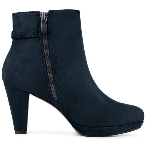 Allegra K Allegra K Women's Low Platform Zip Buckle Chunky High Heel Navy Blue Ankle Booties 9.5 M US
